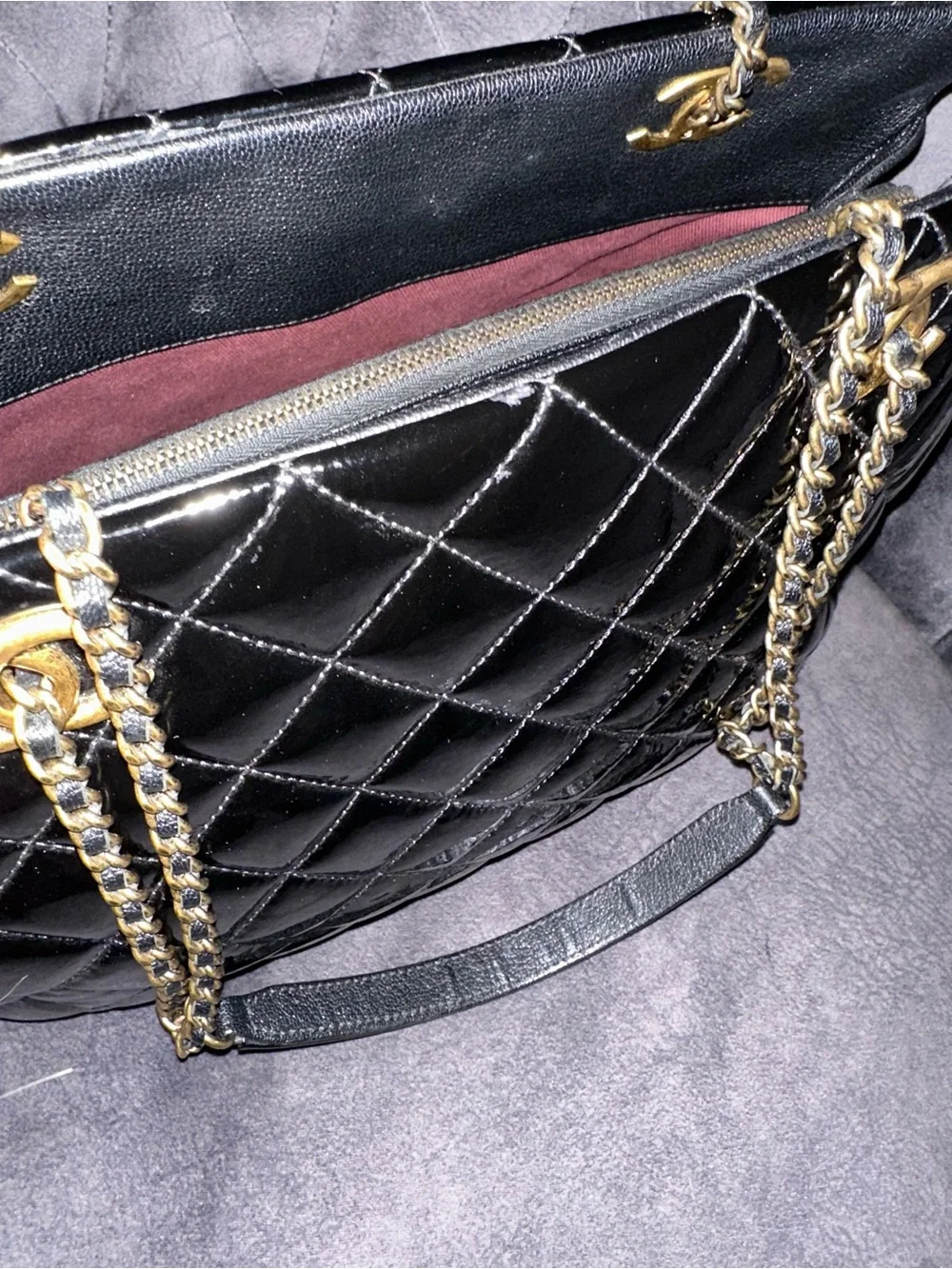 CHANEL Salzburg Quilted Patent Leather Shoulder Bag with Gold Chain Hardware